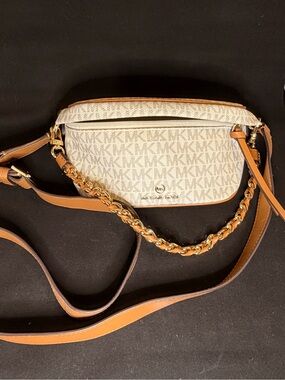 Michael Kors Cream and Tan Logo Crossbody with Gold Chain